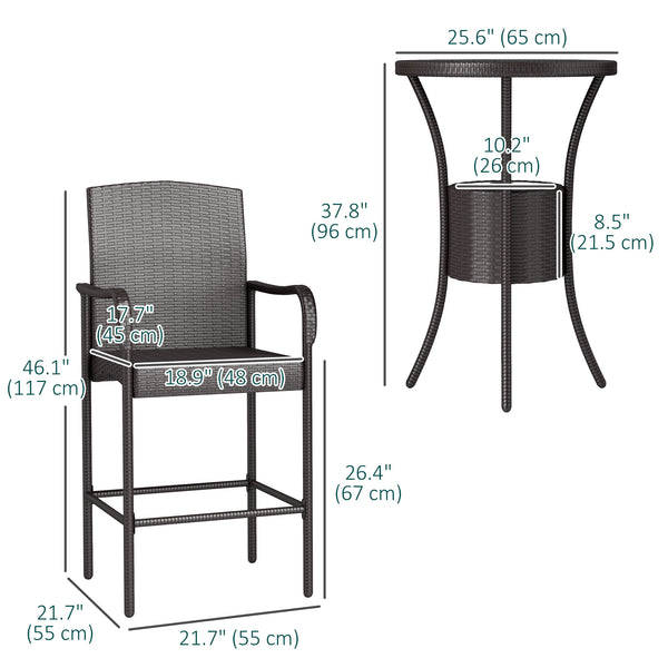 3 Piece Patio Bar Set, Rattan Bistro Table and Chairs, Dark Brown