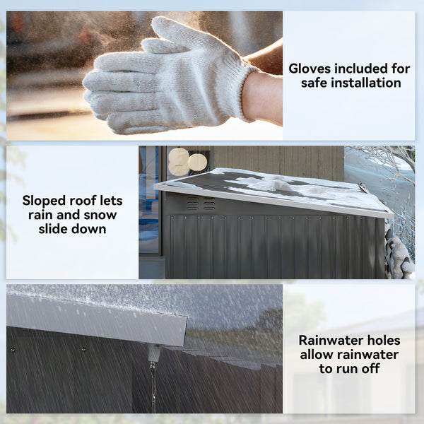 Outdoor garden shed made of galvanized steel, with window, wide lockable doors and vents, dark gray