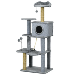 54" Cat Tree with Hammock, Scratching Post, Hideaway and Play Balls, Grey