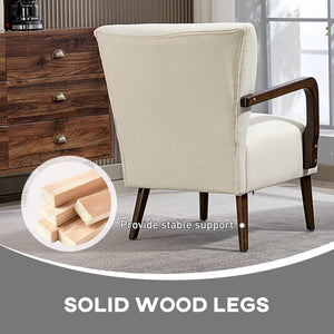 Accent chair with wooden legs, thick padding, cream white
