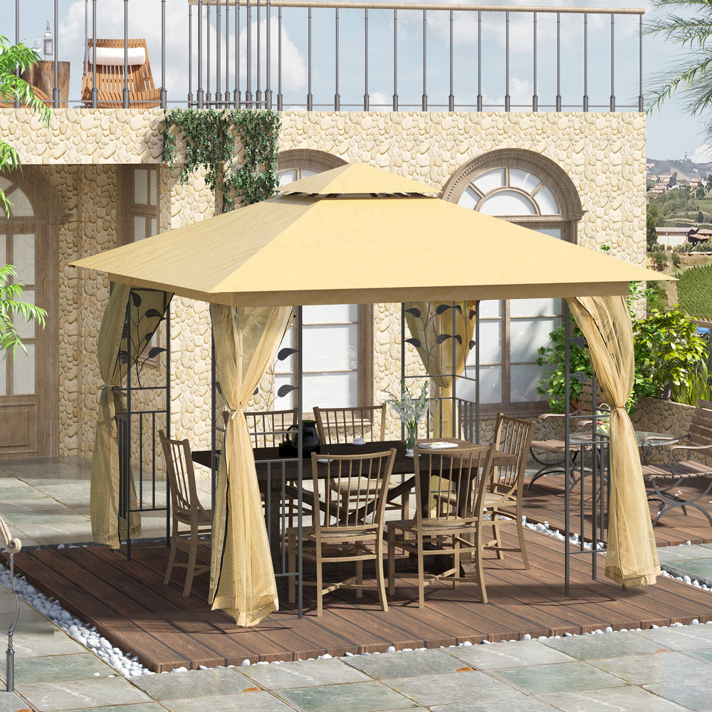 Gazebo beige avec structure en acier souple, toit polyester double niveau et parois latérales à rideaux