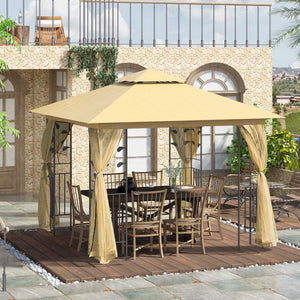 Gazebo beige avec structure en acier souple, toit polyester double niveau et parois latérales à rideaux