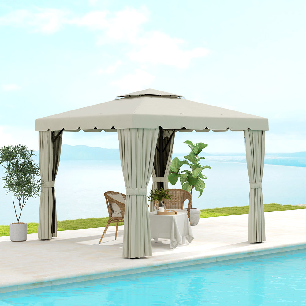 Gazebo d’extérieur 10 x 10 pieds blanc crème avec double toit souple, rideaux et moustiquaires – abri de jardin idéal pour patio ou terrasse