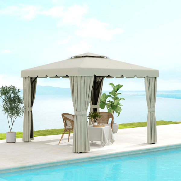 Gazebo d’extérieur 10 x 10 pieds blanc crème avec double toit souple, rideaux et moustiquaires – abri de jardin idéal pour patio ou terrasse
