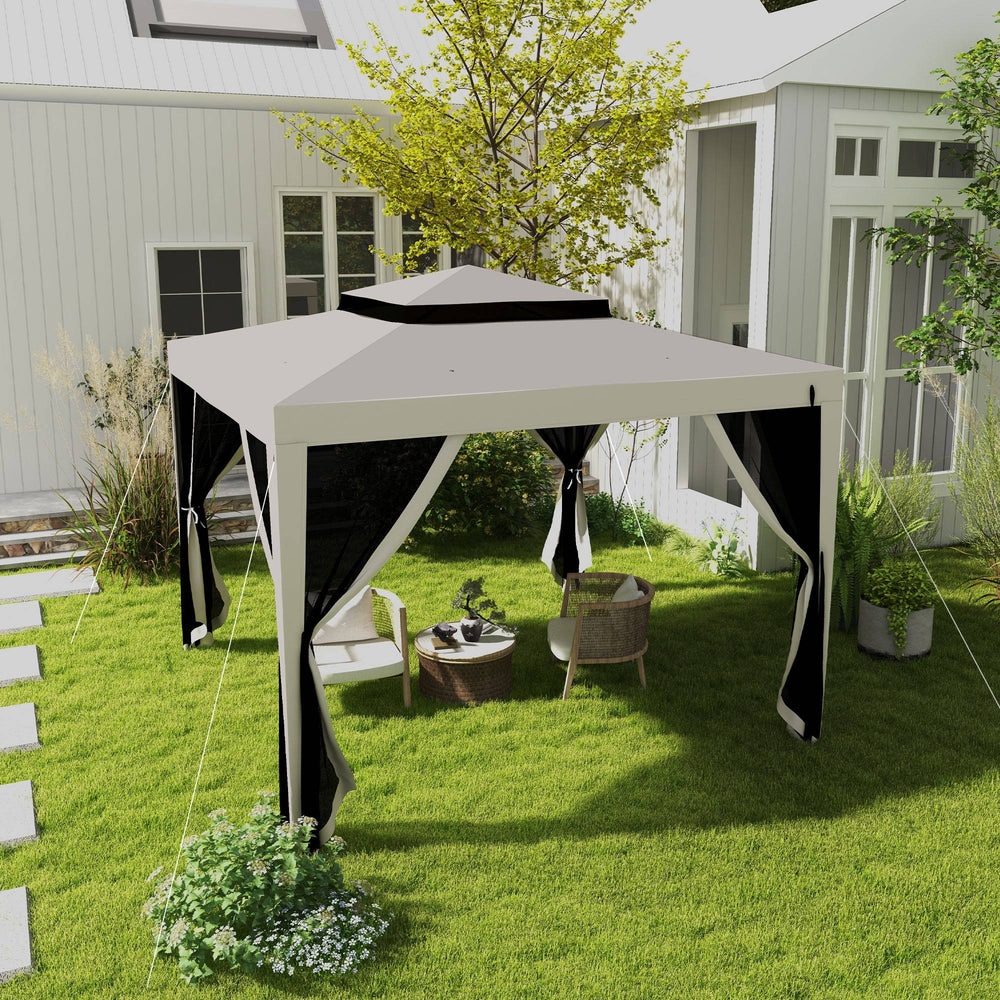 Abri blanc crème avec filet en maille et toit à double niveau, parfait pour jardin ou terrasse