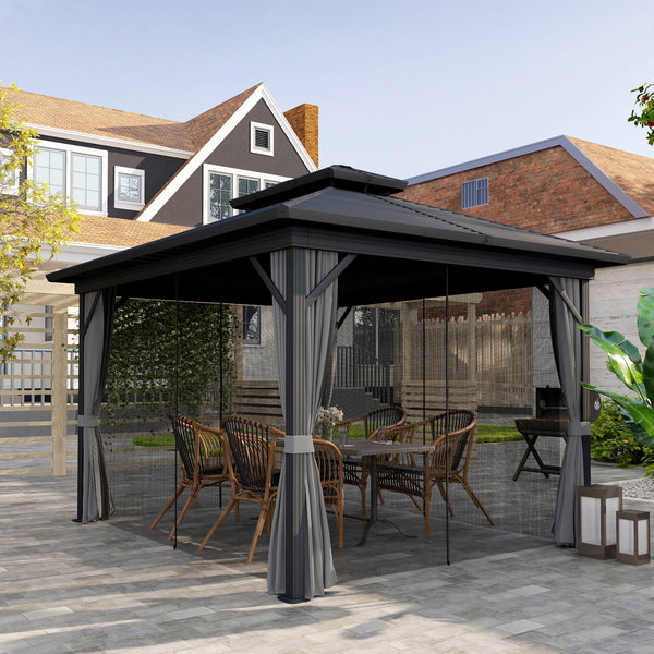 Gazebo 10 x 12 pieds gris clair avec toit rigide métallique à deux niveaux, moustiquaire intégrée et crochet de suspension – abri de jardin robuste pour terrasse ou patio