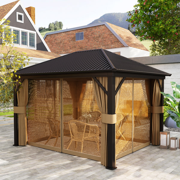 Gazebo 10 x 12 pieds avec toit rigide en métal, cadre en aluminium robuste et filets en maille anti-insectes, couleur marron, parfait pour terrasse ou jardin