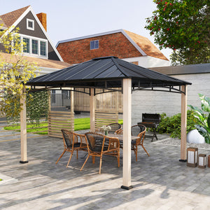 Abri extérieur robuste avec toit en métal et cadre imitation bois, idéal pour couvrir une terrasse ou un coin repas