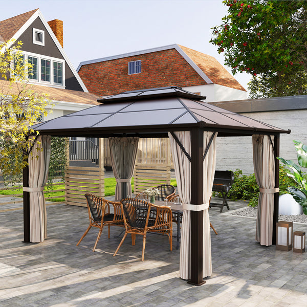 Gazebo haut de gamme avec toit en polycarbonate résistant aux UV, cadre en aluminium et protections latérales pour confort extérieur
