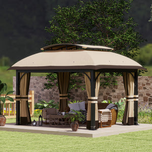 Abri extérieur kaki avec double toit et protections en moustiquaire, structure solide en métal galvanisé pour terrasse ou jardin