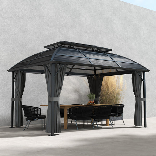 Gazebo extérieur 13 x 10 pieds noir avec double toit, rideaux et structure en aluminium, parfait comme abri élégant pour terrasse ou jardin

