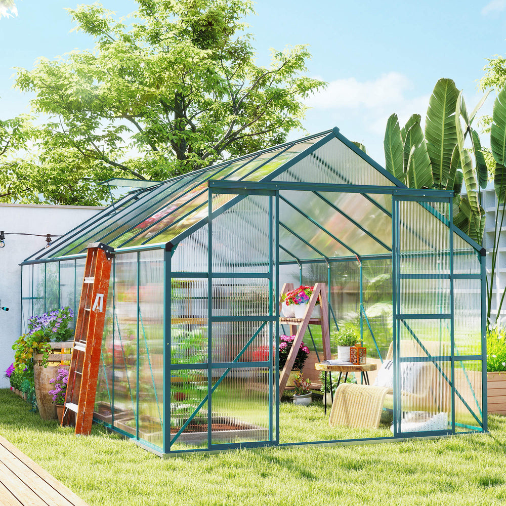 Green aluminum and polycarbonate garden greenhouse