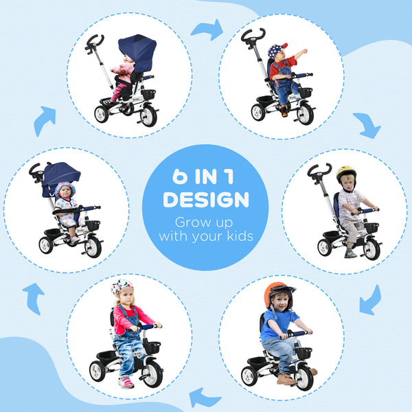 6 in 1 Toddler Tricycle with Parent Handle, Dark Blue
