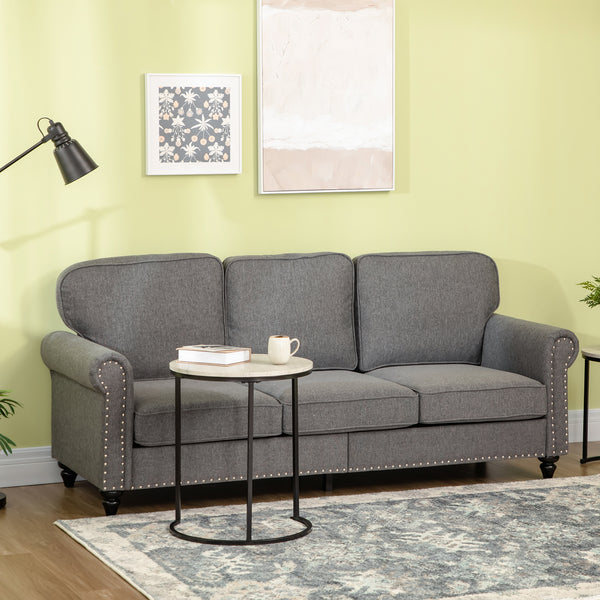 3-seater sofa, modern linen fabric and rubberwood legs, gray