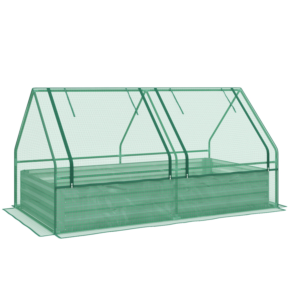 Raised metal planter with integrated mini-greenhouse