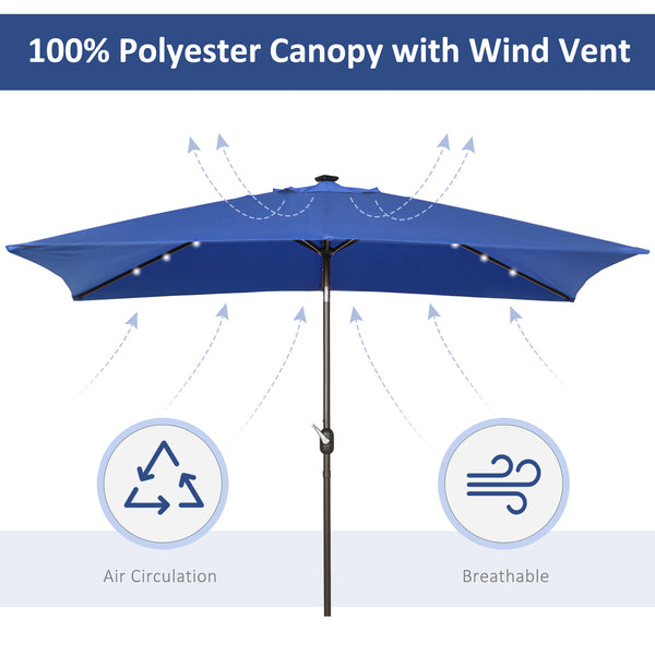 Rectangular 2 x 3 m tilting solar patio umbrella in aluminium with crank and LED (dark blue)