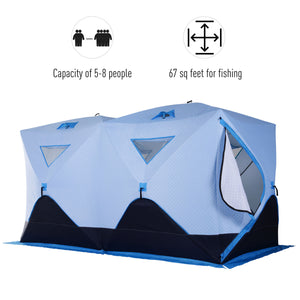 Insulated ice fishing shelter for 8 people with ventilation windows and carry bag, for temperatures down to -30°C, blue