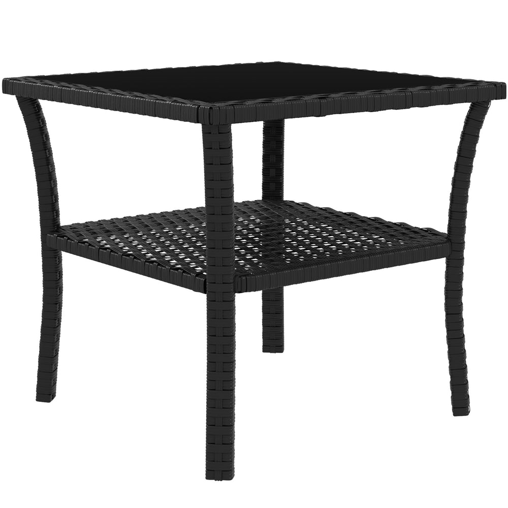 20" Patio Wicker Coffee Table, Outdoor PE Rattan Two-tier Side Table with Glass Top, for Patio, Garden, Balcony, Black