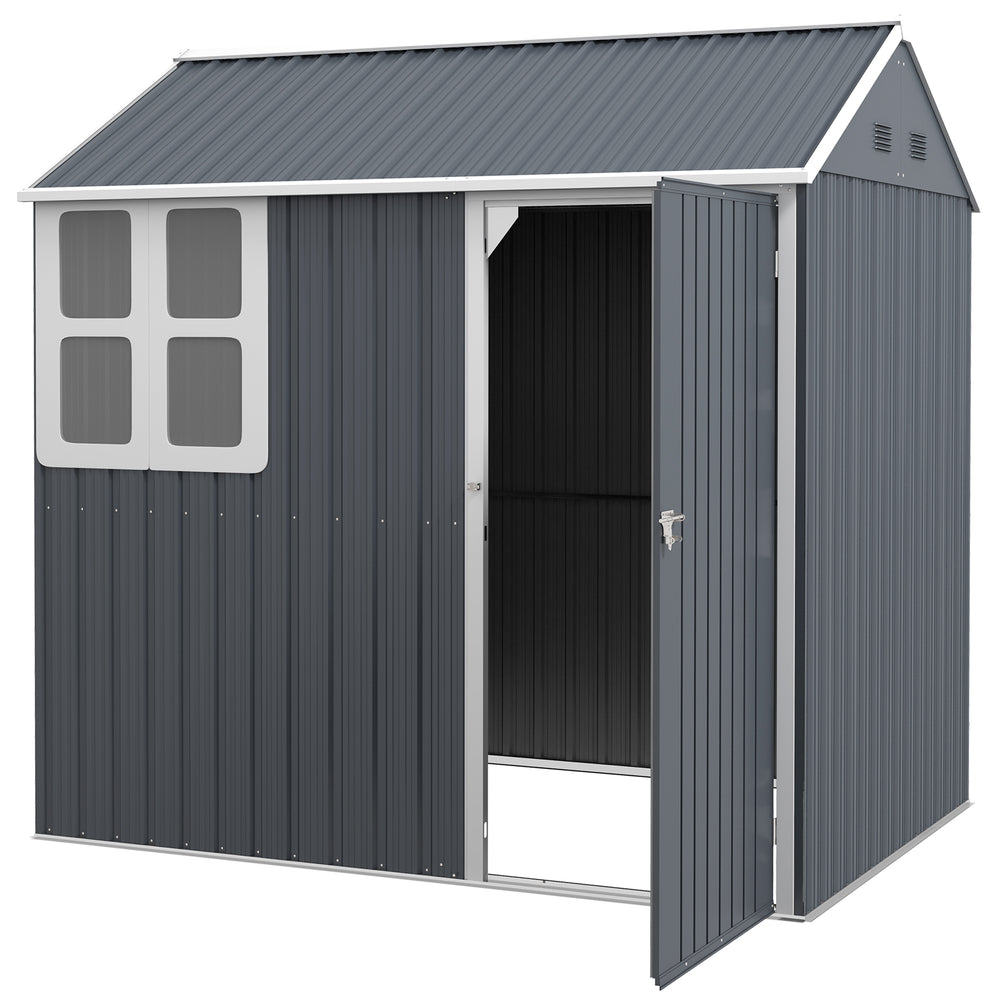 Metal garden shed with lockable door, ventilation, sloping roof, dark grey
