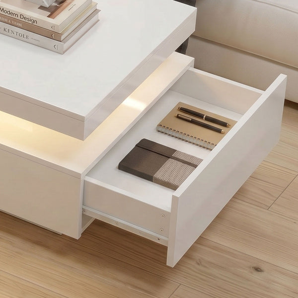 Table basse avec rangement à 2 niveaux et 2 tiroirs pour salon, blanc brillant
