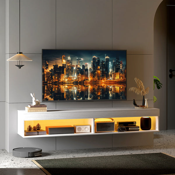 Modern wall-mounted TV unit with storage and LED lighting for TVs up to 75 inches, white
