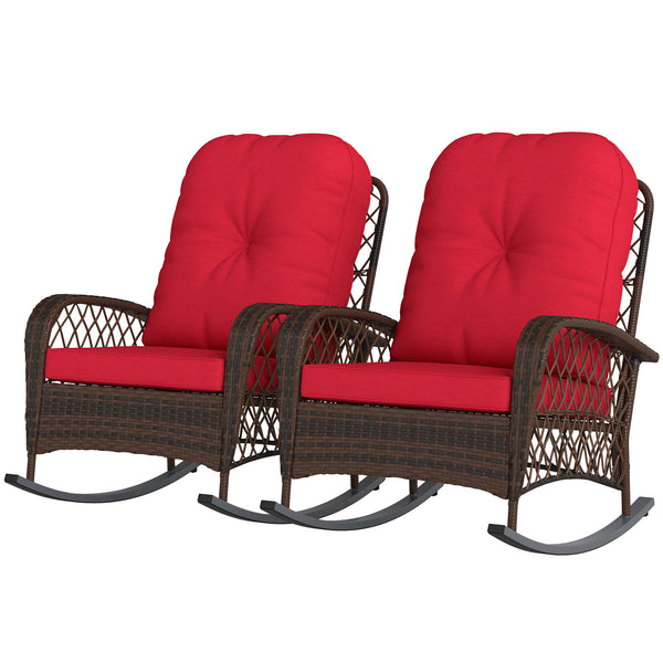 Set of 2 Outdoor Wicker Rattan Rocking Chairs with Thick Cushions, Red