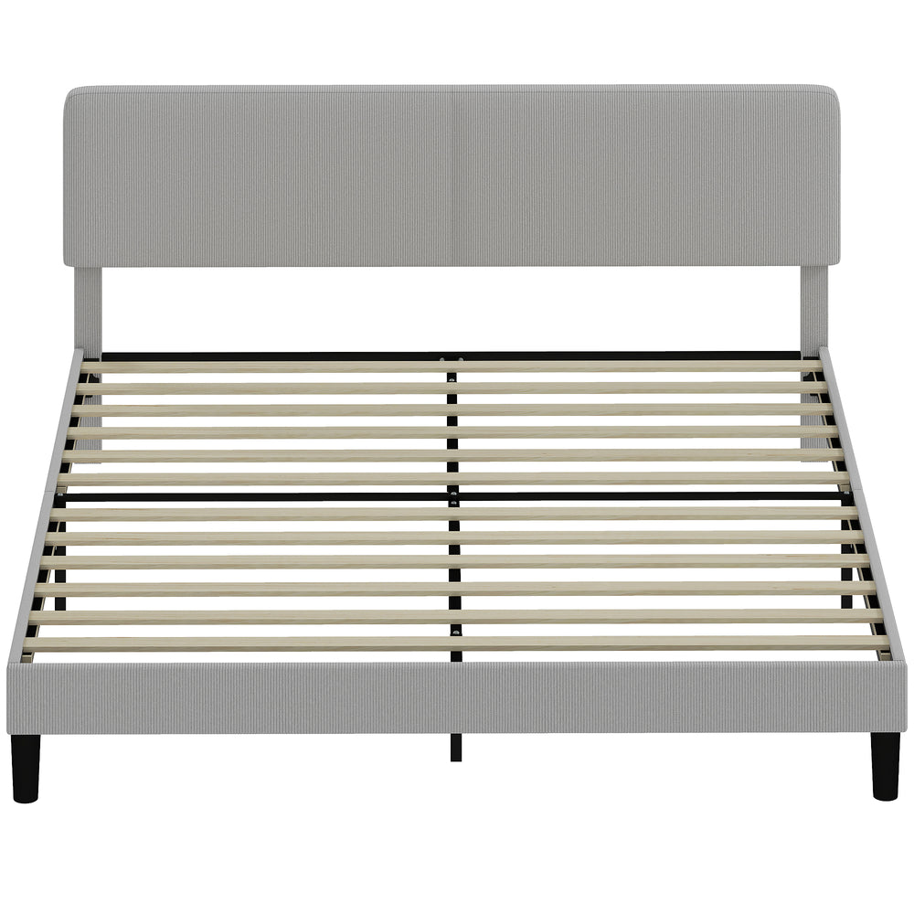 King size bed frame with adjustable upholstered headboard, wooden slatted base, quiet, light grey