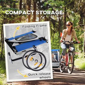 2-seater bicycle trailer with sturdy steel frame, 5-point safety harness, blue