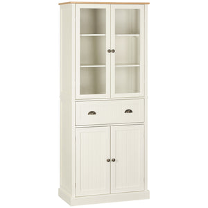 Storage unit with glass doors, drawer and adjustable shelves, cream white