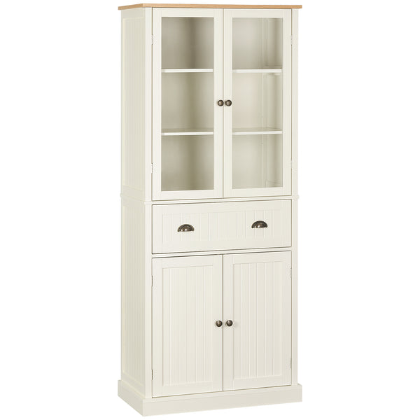 Storage unit with glass doors, drawer and adjustable shelves, cream white