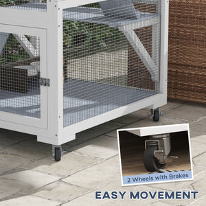 Cat enclosure on wheels with hammock and several resting platforms, grey