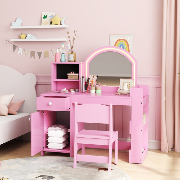 Dressing table and chair set with illuminated mirror, cabinet, drawer and shelves, pink