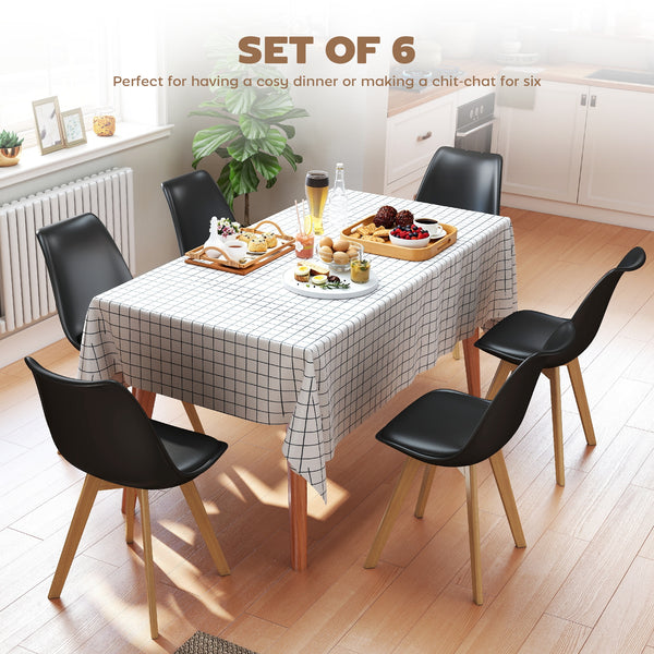 Set of 6 modern rubberwood dining chairs with PU leather cushions - Black