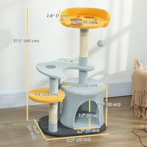 80cm Cat Tree with Plush Perch, Platform, Hideaway, Scratching Post and Play Ball, Blue