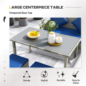 5-piece resin wicker furniture set with cushions, table and poufs, navy blue