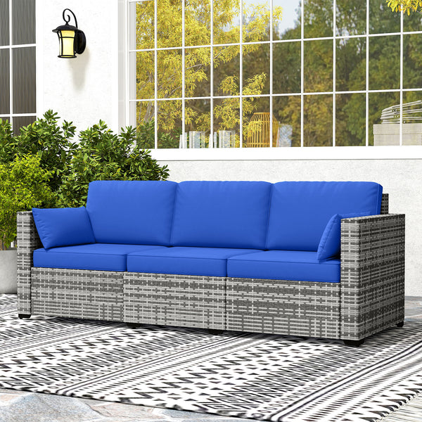 3-seater PE rattan outdoor sofa with cushions, blue