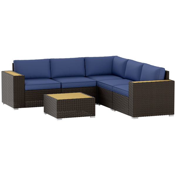 6 Piece Garden Furniture Set with Corner Sofa, Coffee Table, Wood and Plastic, Navy Blue