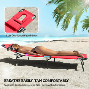 Adjustable Outdoor Lounge Chair, Garden Folding Chaise Lounge with Face Hole Reclining Tanning Chair Seat, Folding Camping Beach Lounging Bed w/ Support Pillow, Red