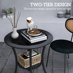 Outdoor rattan dining table with 2-tier storage shelf, black