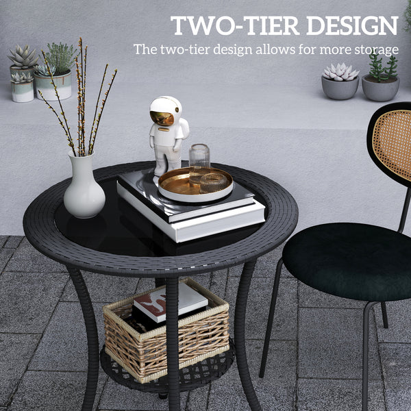 Outdoor rattan dining table with 2-tier storage shelf, black