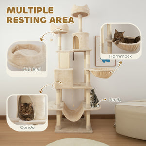 Large 206cm Cat Tree with Scratching Posts, Cabins, Beds, Hammocks, Beige
