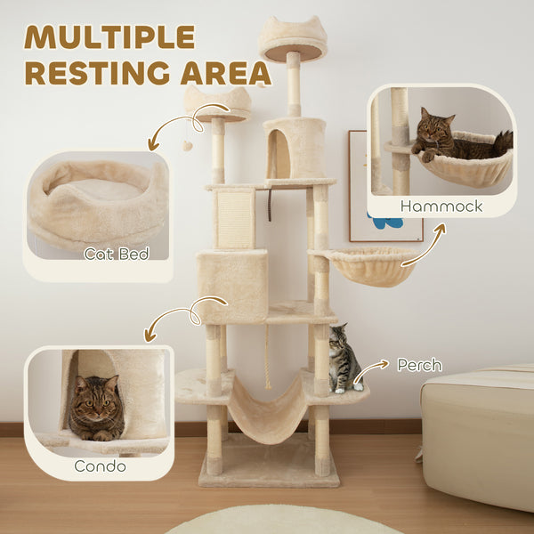 Large 206cm Cat Tree with Scratching Posts, Cabins, Beds, Hammocks, Beige