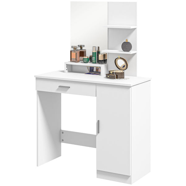 Dressing table with mirror, drawer and open compartment, white