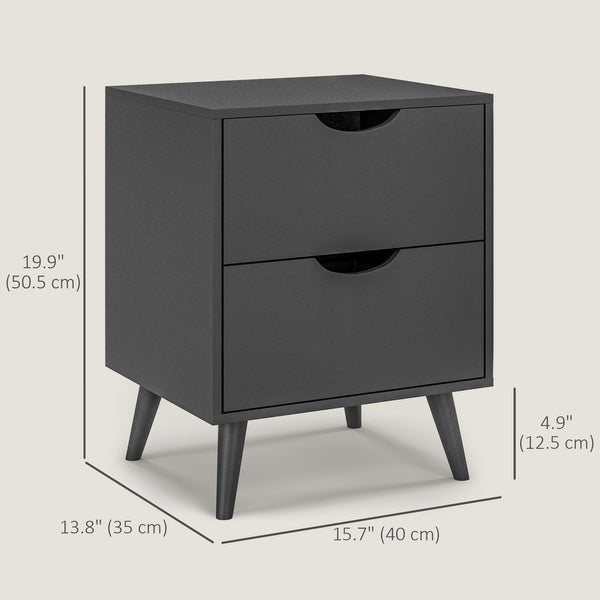 Modern bedside table with 2 drawers and pine legs, black
