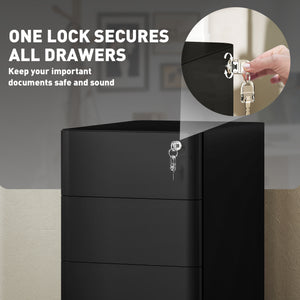 3-Drawer Filing Cabinet, Lockable Steel Storage Cabinet with Hanging Bar for Letter, A4 and Legal Files, Black