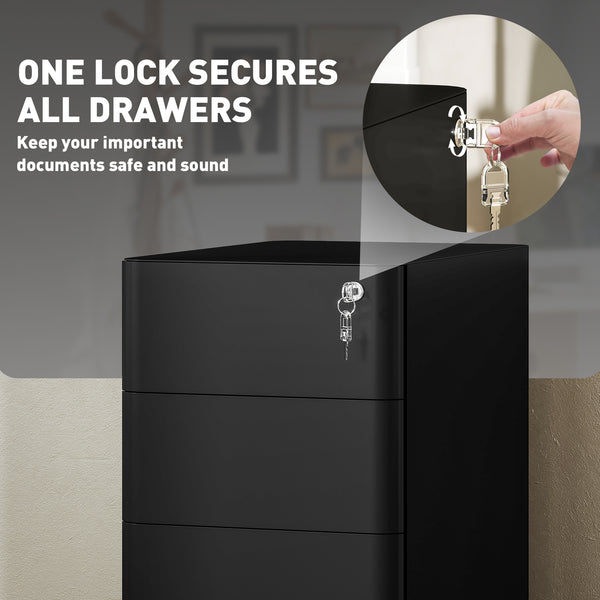 3-Drawer Filing Cabinet, Lockable Steel Storage Cabinet with Hanging Bar for Letter, A4 and Legal Files, Black