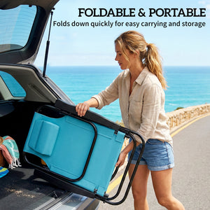 Set of 2 beach chairs, foldable and adjustable in 5 positions, with headrest and armrests, light blue.