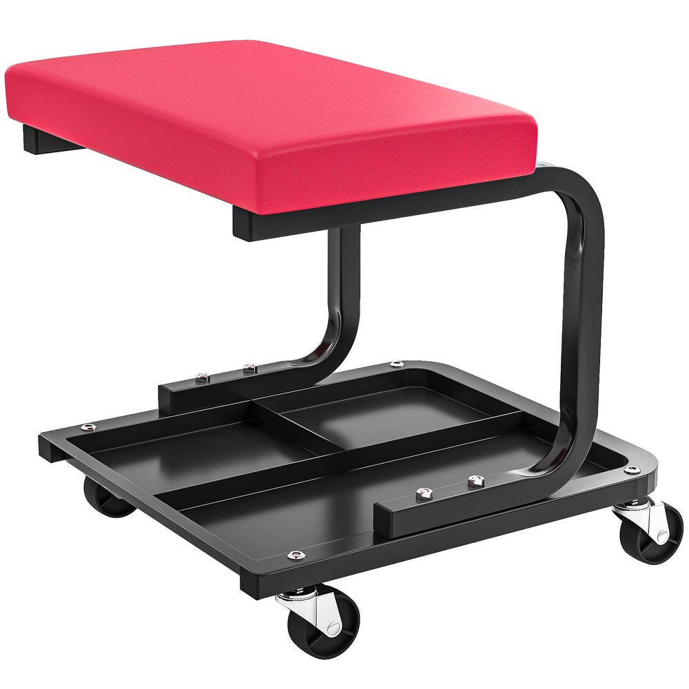 Rolling mechanic stool with padded seat and storage tray, red