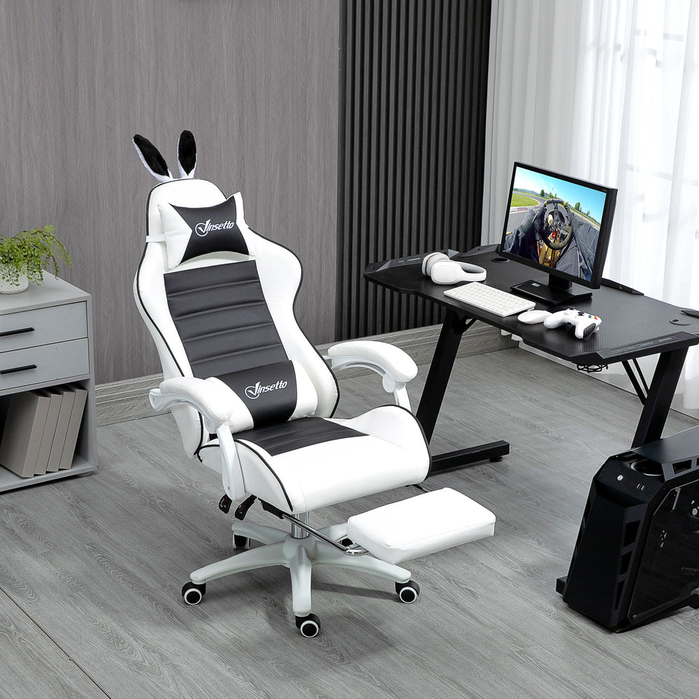 PU leather gaming chair with footrest, headrest and lumbar support, white and black