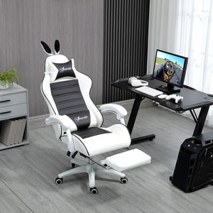 PU leather gaming chair with footrest, headrest and lumbar support, white and black